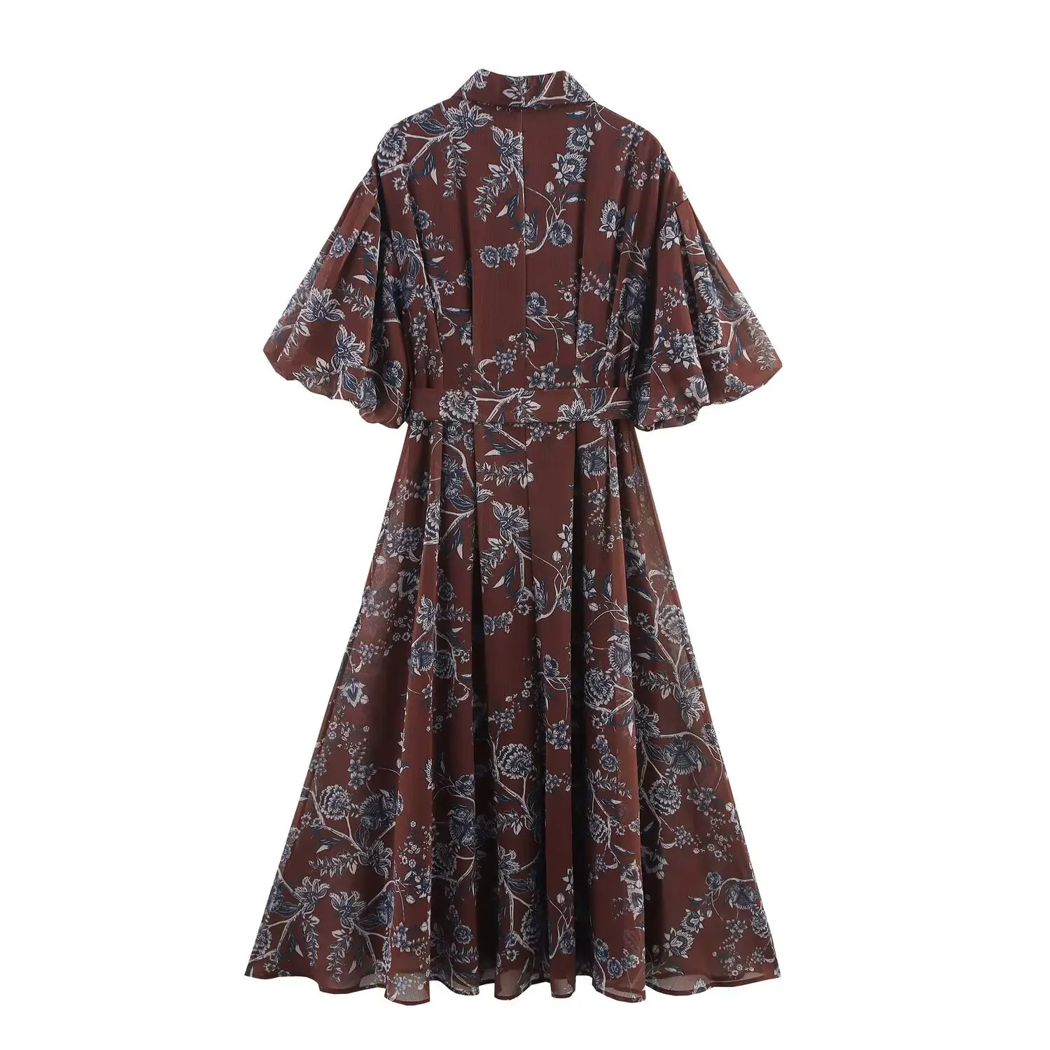 Women Ethnic Elastic Waist Puff Sleeve Midi Dresses Robe Flower Print O Neck Open Buttons Chiffon Shirt Dress