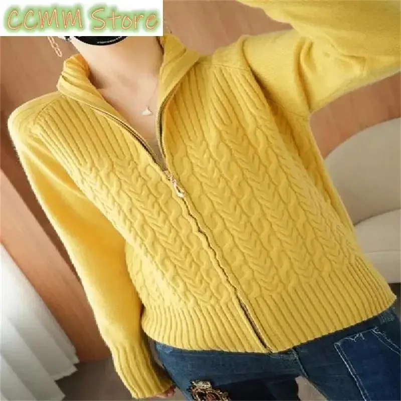 

New Zipper Knitted Sweater Cardigan Stand-Up Collar Loose Cable Solid Knit Sweater Jacket Female Student Tops Autumn Red Pink