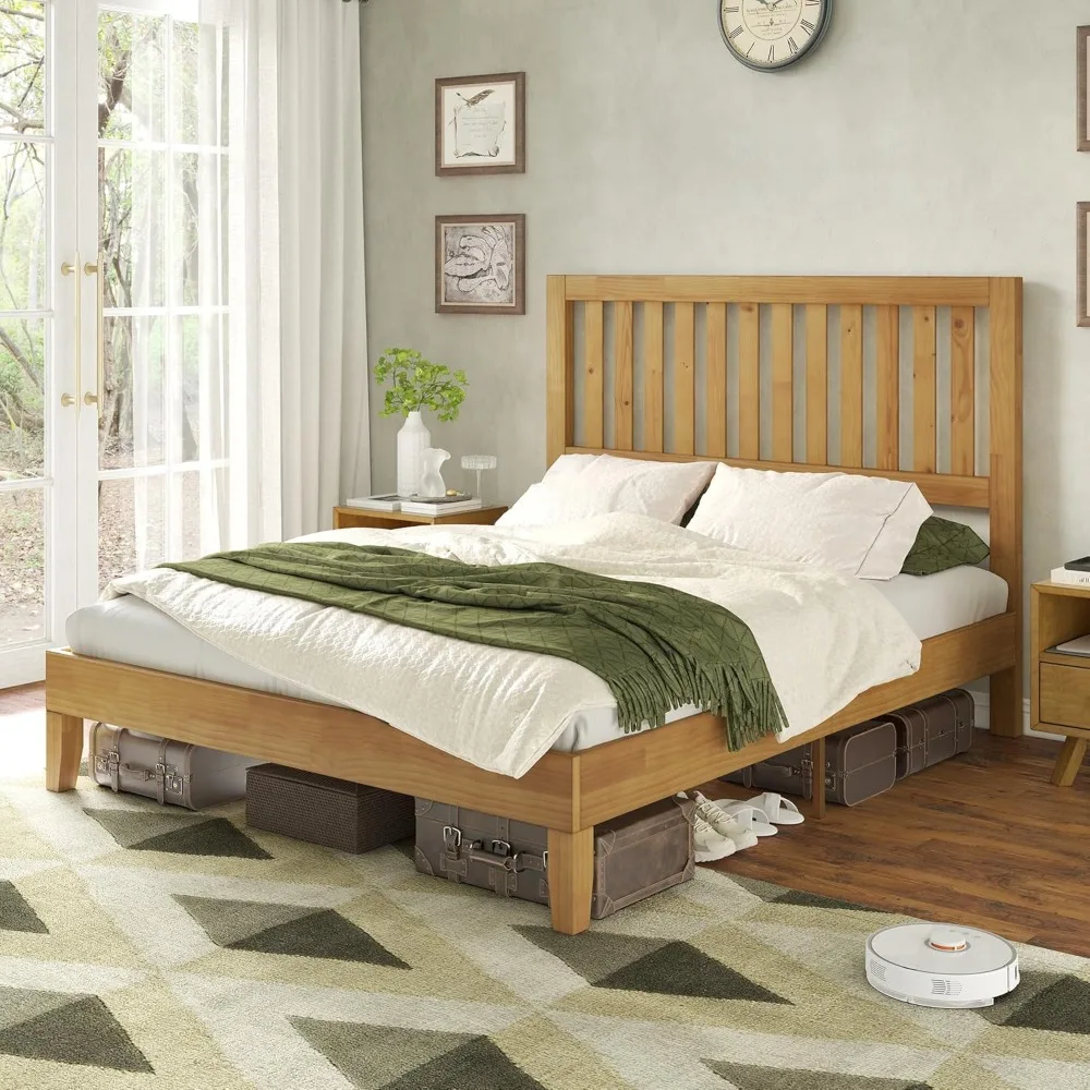 

Full Size Solid Wood Platform Bed Frame, Quiet & Easy Assembly, Mid-Century Grille Headboard, 7.1" Under-Bed Storage,