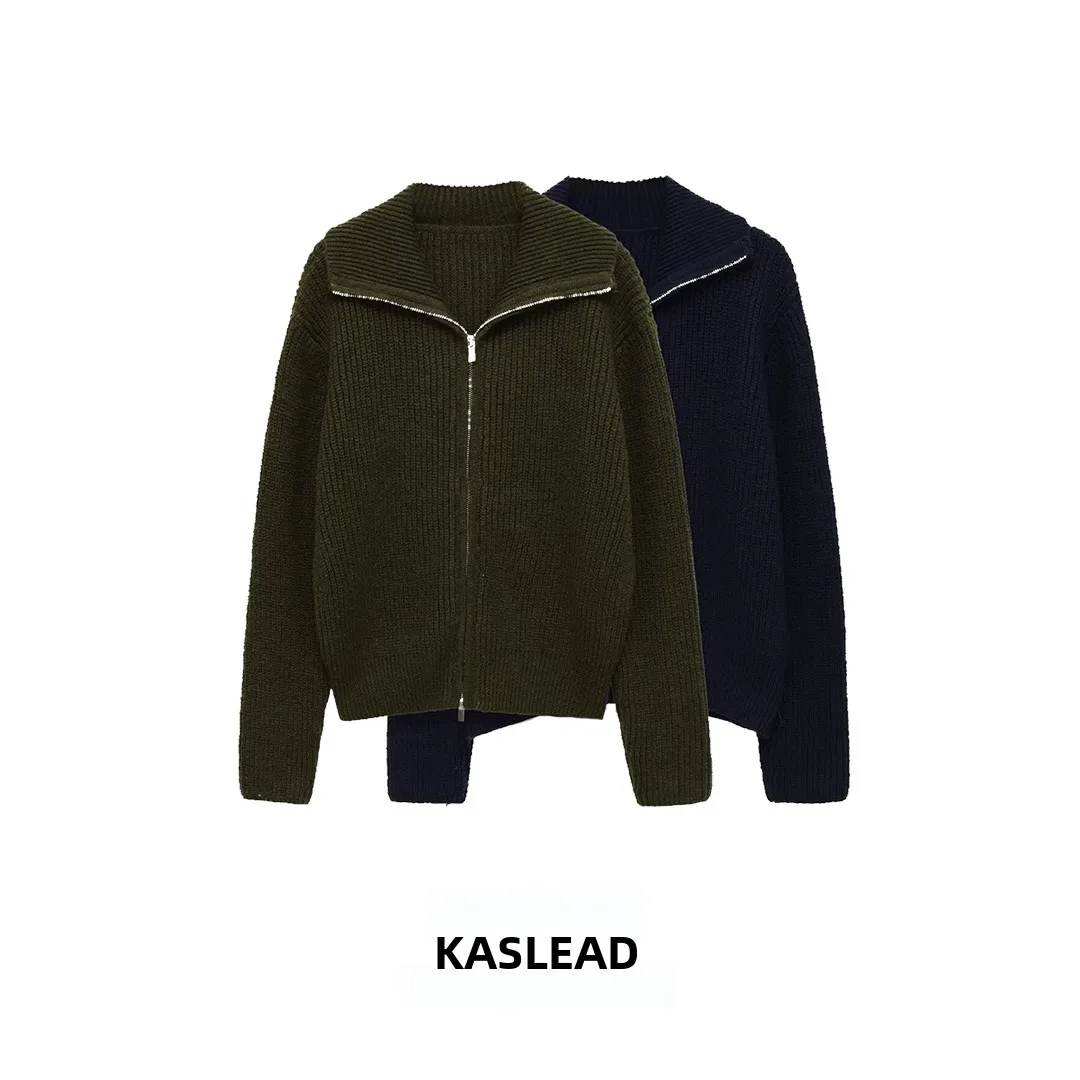 KASLEAD New Women's Faion Simple Loose Zipper Knitted Sweater Jaet Polyester Fiber Long Sve Open Cardigan