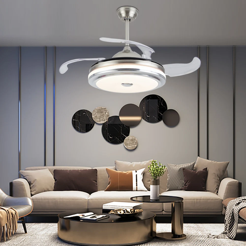 Ceiling Fan Lights Lamps Modern Remote Control 36 inch Silver Led lumiere For Dining room Bedroom Fan Lighting