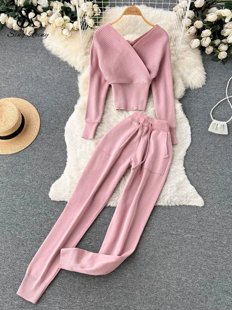 

Winter Casual Knitted Two Pieces Suits V Neck Long Sleeve Sweater+ Elastic Casual Long Pants Sets Women Sweater Sets