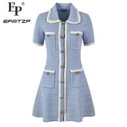 Blue Knitted Mini Dress Women New Arrive Turn-Down Collor Short Sleeve Single Breasted Lady Dress