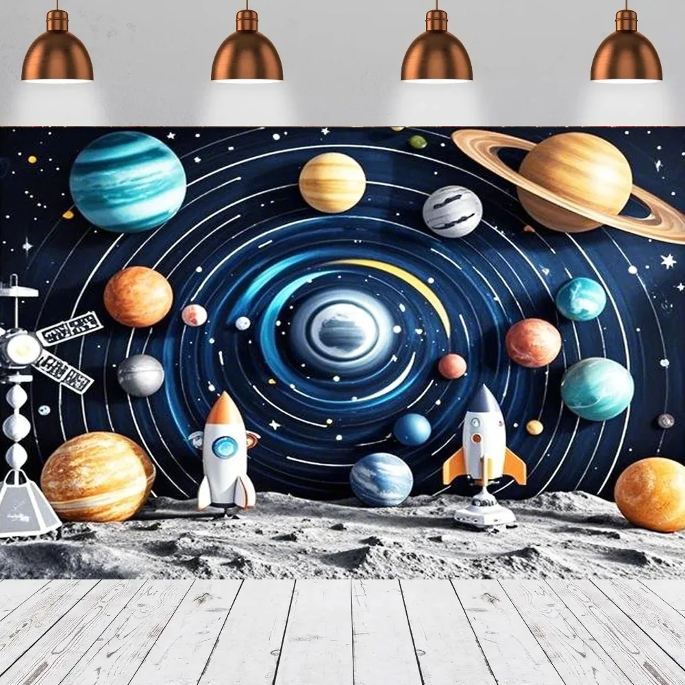 Weltraum-Astronauten-Raketen-Galaxien-Planeten-Themenbanner-Hintergrund, Kindergeburtstagsfeier, Heimdekoration, Fotografie-Hintergrund