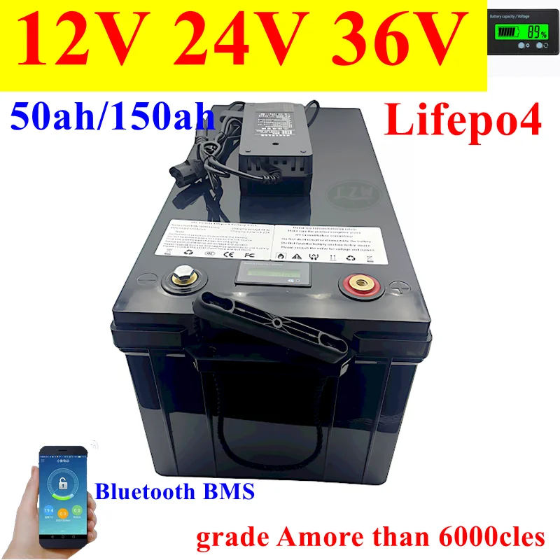 

12V 100AH 120Ah 150Ah 24V 36V 40Ah 50AH 60Ah 80Ah lifepo4 lithium battery deep cycle batteries bluetooth BMS with charger