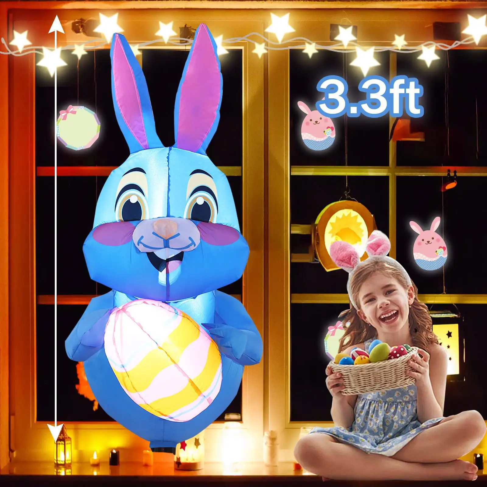 1.2M Easter Inflatable Decoration Outdoor Blow Up Bunny Holds Color Egg Lean Out from Window Built-in LED for Yard Party Toys