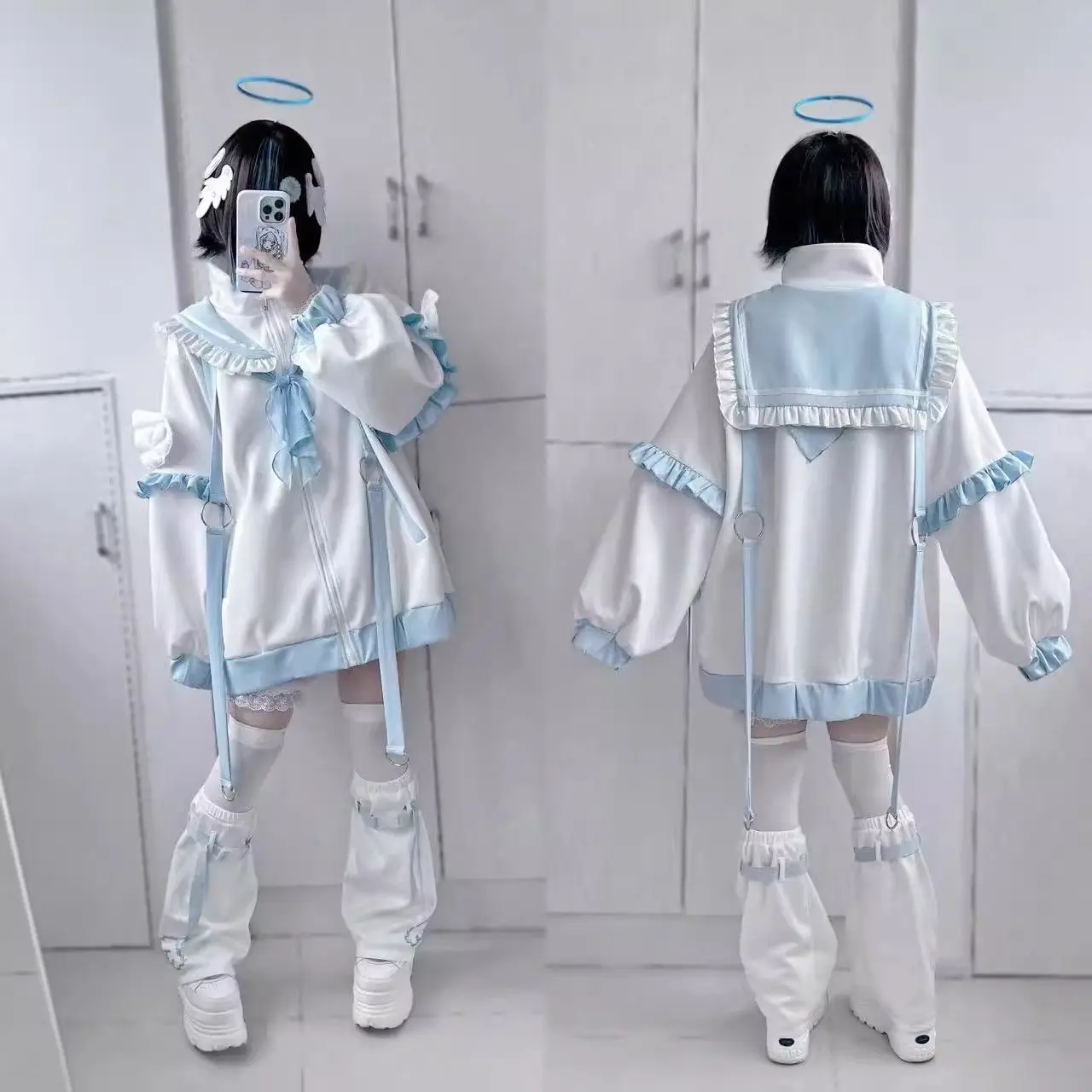 Japanese Y2k Aesthetic Ruffles Zipper Sweatshirt Hoodies Women Wings Patch Sailor Collar Grunge Loose Hoody Top Leg Warmer