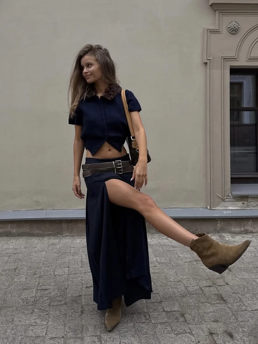 البحرية محبوك سليم تي شيرتات قصيرة الاكمام المرأة ترتيب الأسرة طوق واحدة الصدر تي شيرت الإناث خمر موضة بسيطة تيز القمم