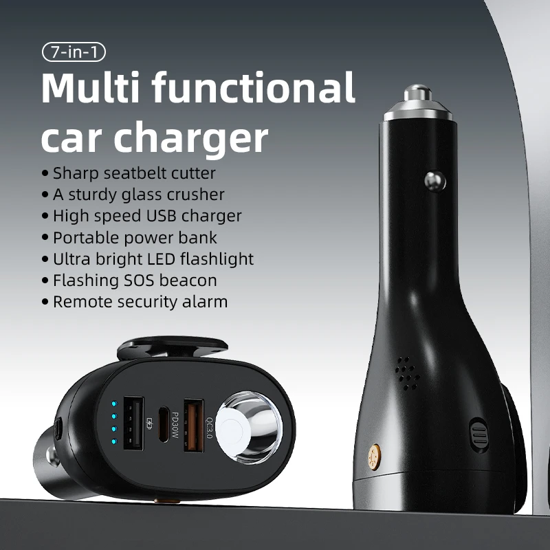 Emergency Car Charger Power Bank 4 in 1 Auto Safety Hammer LED Flashlight 22.5W Super Fast Charging Portable Car Emergency Tool