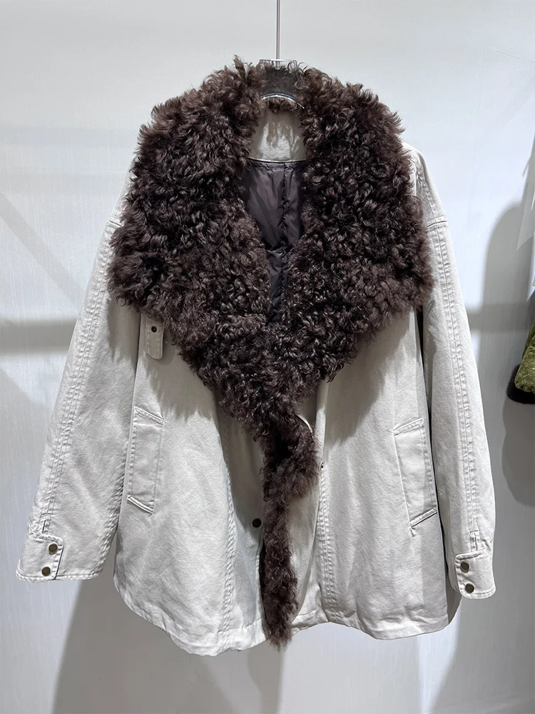 Winter Real Natural Fox Sheep Lamb Fur Collar Thick Warm Goose Down Coats Coat For Women Female Luxury Outwear Puffer Jacket