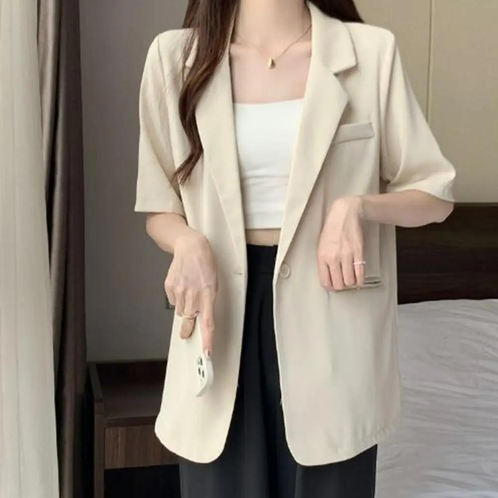 One Button Closure Suit Jacket Versatile Women's Short-sleeved Suit Coat Solid Color Button Closure Casual Work for Business