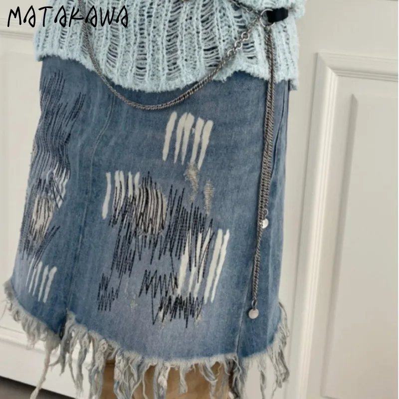 

Matakawa Y2k Denim Skirts for Women Embroidered A-line Spring Summer Vintage Faldas Mujer Tassels Ins Fashion Simple Mini Skirt