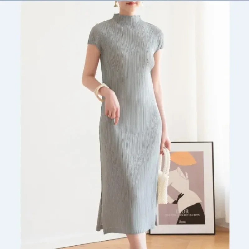 Pleats Pleated Dress 2025 Summer Commuter Long High End Fashion Skinny Half High Neck Side Split Chinese Cheongsam Dress