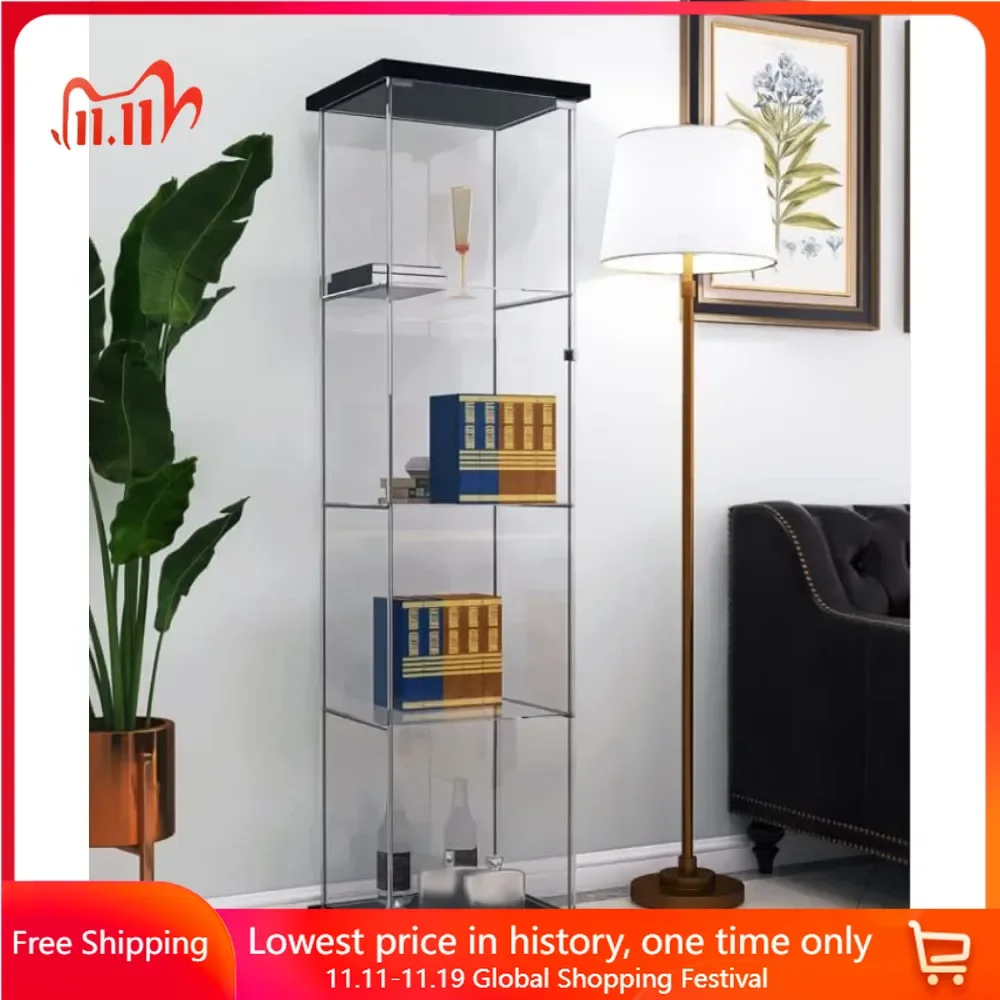 Display Cabinet with Door, Solid Tempered Glass, Floor Standing Curio Bookshelf, Easy To Install, Display Cabinet