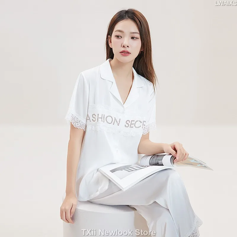 TXii Newlook Spring and Summer Fashion New Women's Ice Silk Pajamas Sexy Lace Lapel Home Clothes Two-piece Set