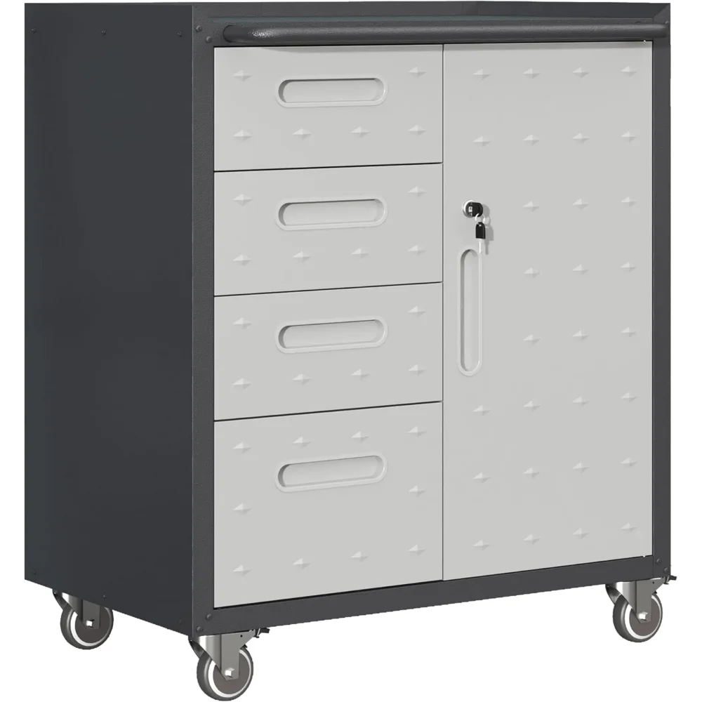 

Heavy-Duty Metal Tool Storage Cabinet with Wheels, Lockable Mobility and Diamond-Plate Design, Black/Gray