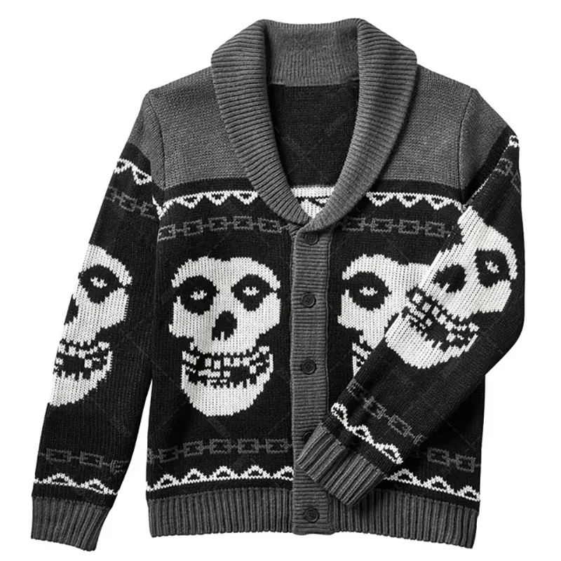 

Skull Cardigan Sweater Male Knitwear 100% Wool Soft Comfortable Pullover Knit Winter Men's Clothing Y2k Hip Hop Oversize Sweater