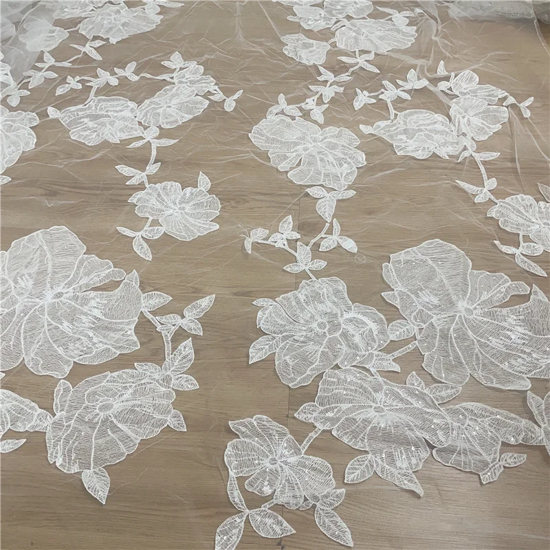 LFY New Style LB293  Big Flower Sequins Embroidery Mesh Lace Fabric DIY Dress Wedding Dress Fabric French lace