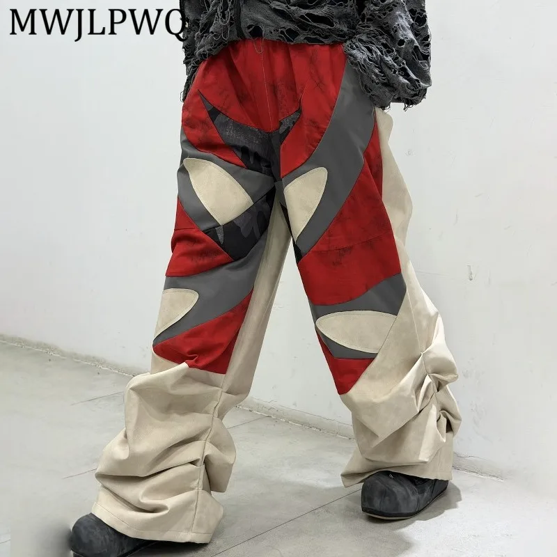 

MWJLPWQ American Retro Color-Blocked Printed Wide-Leg Pants For Men Loose-Fit Design Curved Cut Design Unisex Trousers 14967