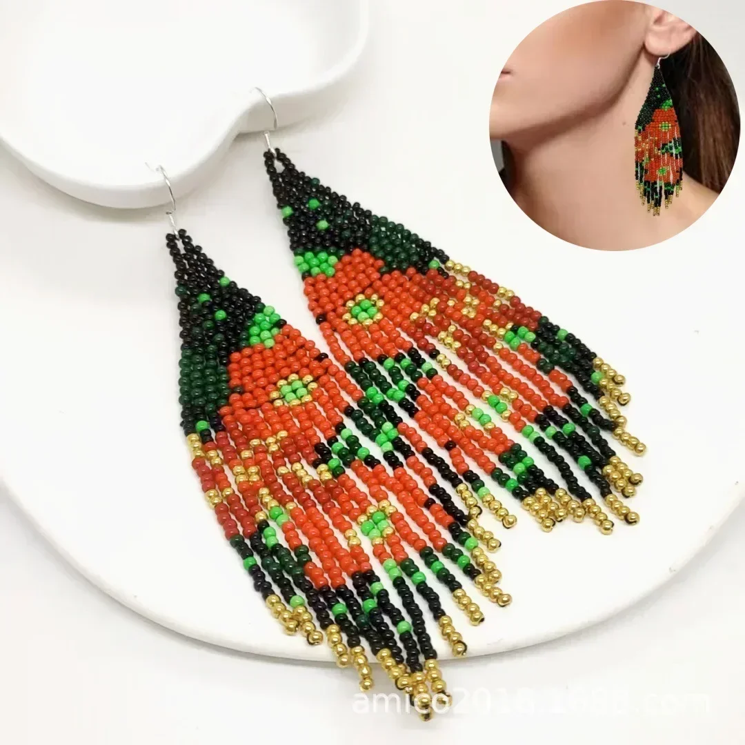 Bohemia  Beaded Hand Knitted Earrings with Three-Flower Design Female Tassel Trendy Rice Bead Versatile Knitted Female Jewelry