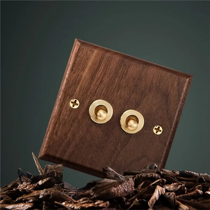 แผงสวิตช์ติดผนัง HLZS-Black Retro Walnut แบบกด 1-4 ช่อง 2 ทาง ทำจากไม้เนื้อแข็ง พร้อมเต้ารับ EU/FR แบบคู่ และพอร์ต USB-C สำหรับจ่ายไฟฟ้า