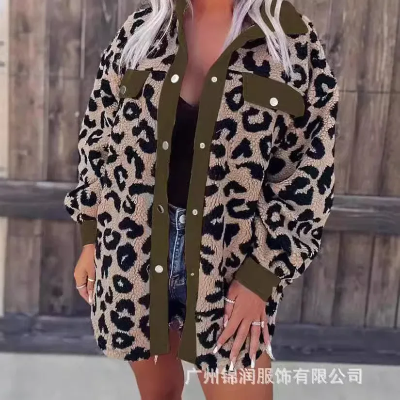 Women's Coat Leopard Print Color Blocked Button Pocket Long Sleeved Lapel Cardigan Jacket 2024 Autumn