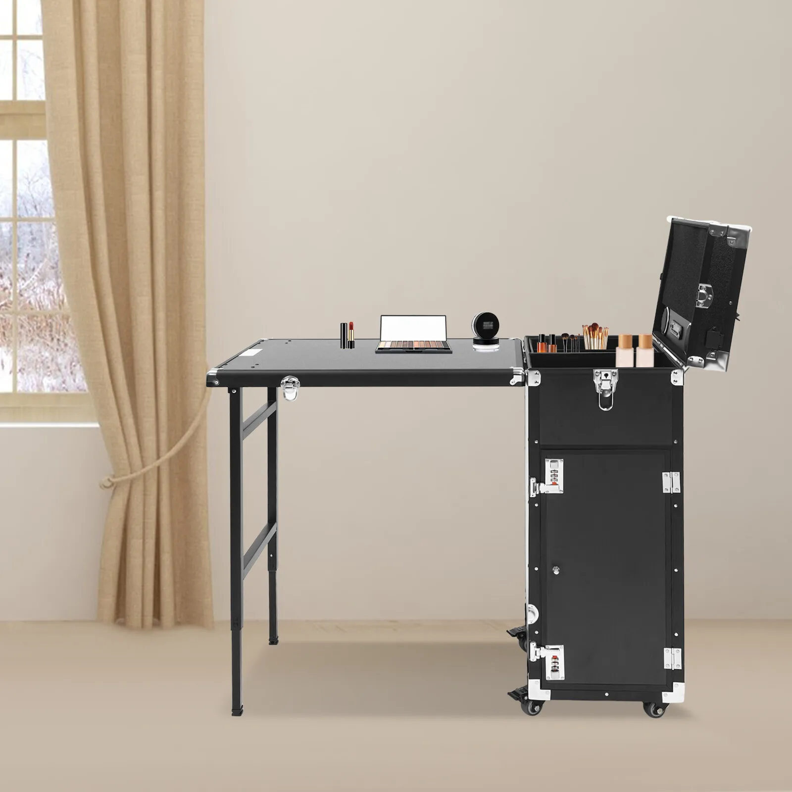 Czarny wózek kosmetyczny z Bluetooth, 2 wbudowanymi głośnikami, wieloma przegródkami do przechowywania, składanym stołem + 4 szuflady, długość 180 cm, zasilany.