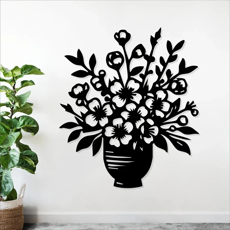 Elegant Metal Flower Vase Wall Art Rust-Resistant Iron Wall-Mounted Vertical Horizontal Vase Sculpture Home Decor 1pc