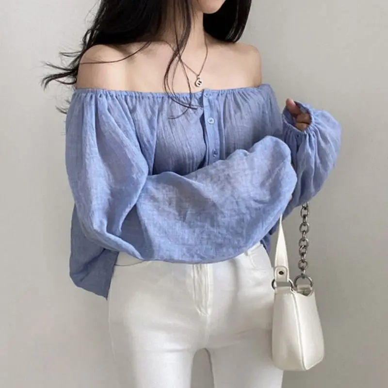 Baggy Solid Shirts Women Summer Sunscreen Lantern Sleeve Vintage Graceful Soft New Arrival Sweet Tops Chic Korean Style Elegant