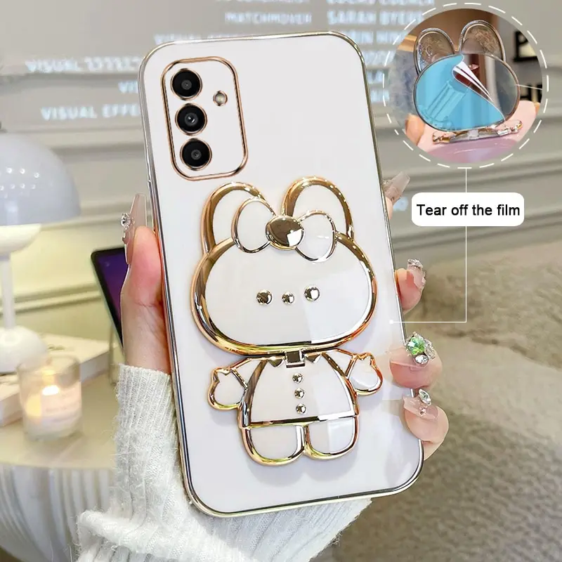 Makeup Mirror Phone Case For Samsung Galaxy A13 5G Plating Cartoon Rabbit Folding Bracket Phone Protection Case Cover