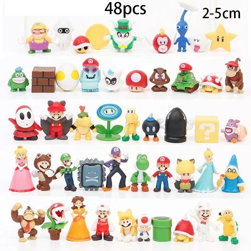 Figuras de acción de Super Mario Bros, juguetes de PVC, modelos de Luigi, Yoshi, Donkey Kong, seta, regalos de cumpleaños para niños, 48 unidades por Set