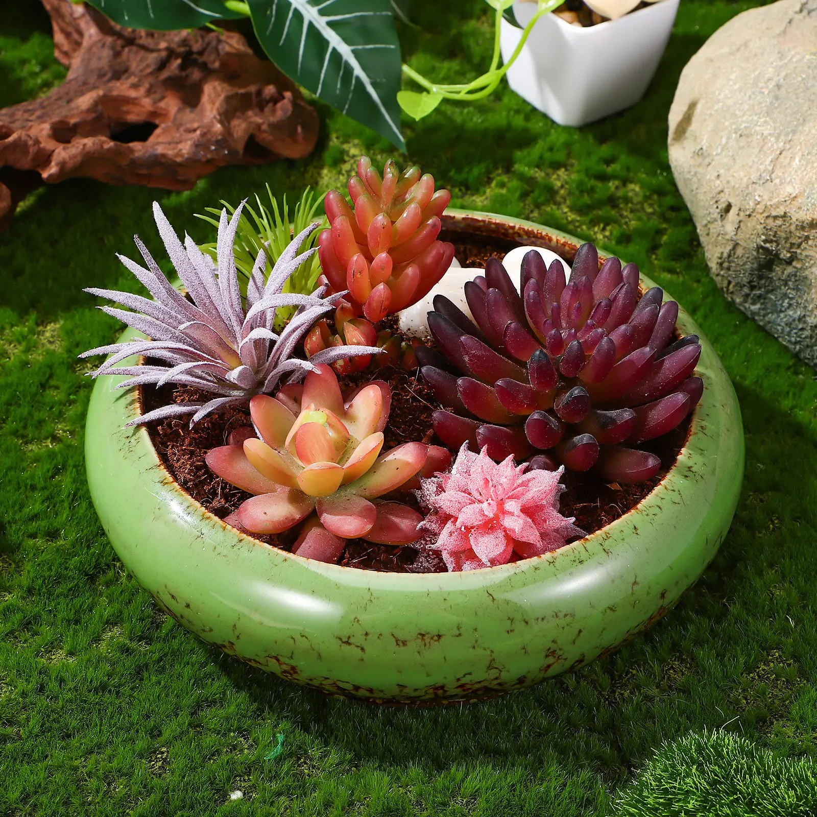 Shallow Ceramic Succulent Planter Bowl Round Desktop Pot with Drainage for Flower Succulents Bonsai Cactus Small Indoor Plant