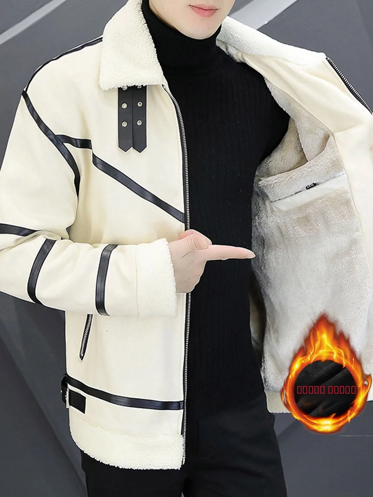 

Sli Men's Leather Jaet Thiened Fce Casual Biker Coat Autumn Winter New Arrival Youth Trendy Outerwear Polyester Fiber