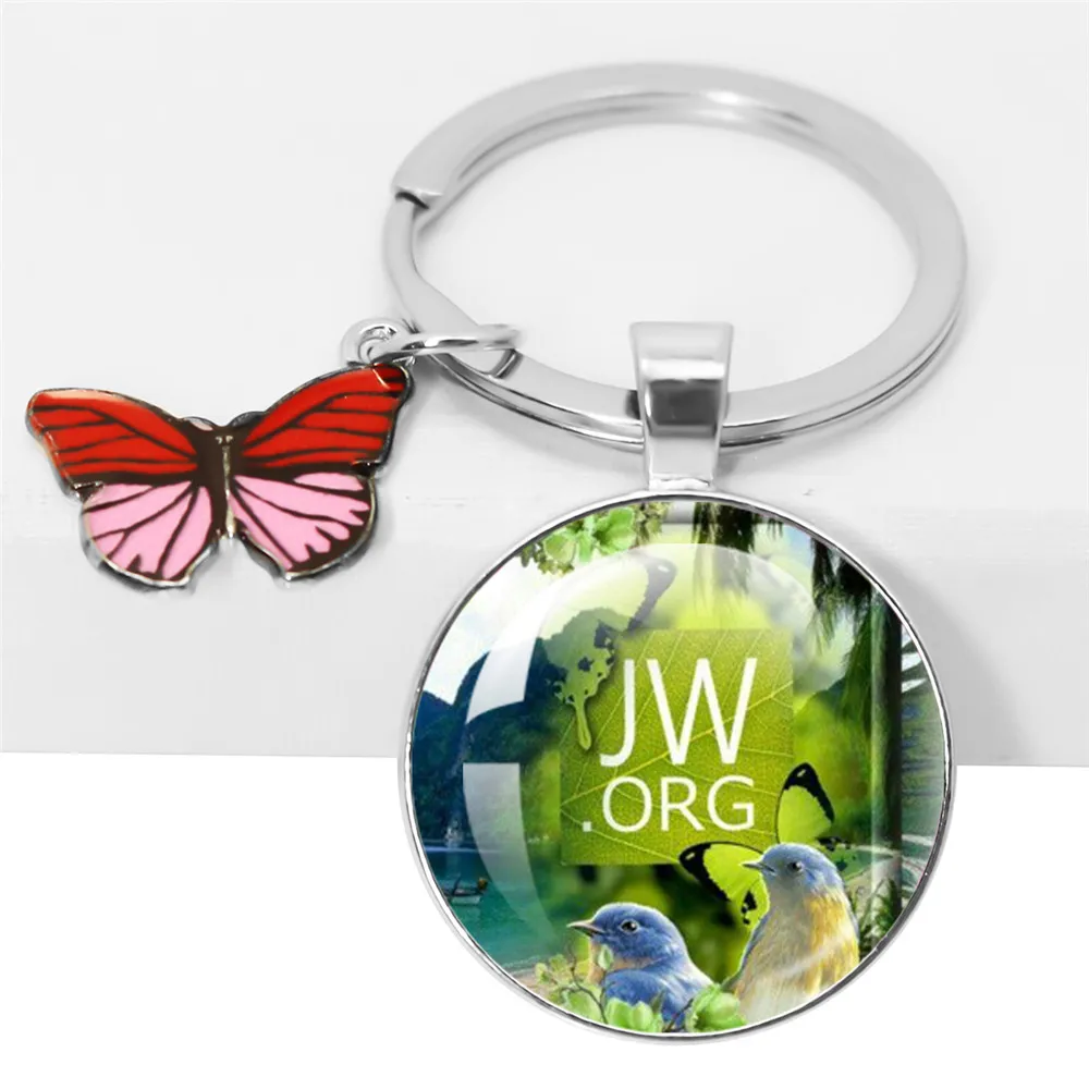 Jw.Org Keychain Jehovah\'S Witness Butterfly Flowers Art Printed Photo Metal Glass Pendant Keychain Butterfly Accessories Jewelry