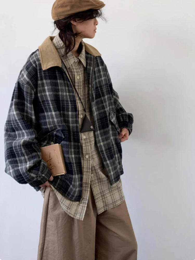 

Ретро-жакет в японском уличном стиле, клетчатый, рабочий, свободный, для весны и осени, модный, с контрастными вставками