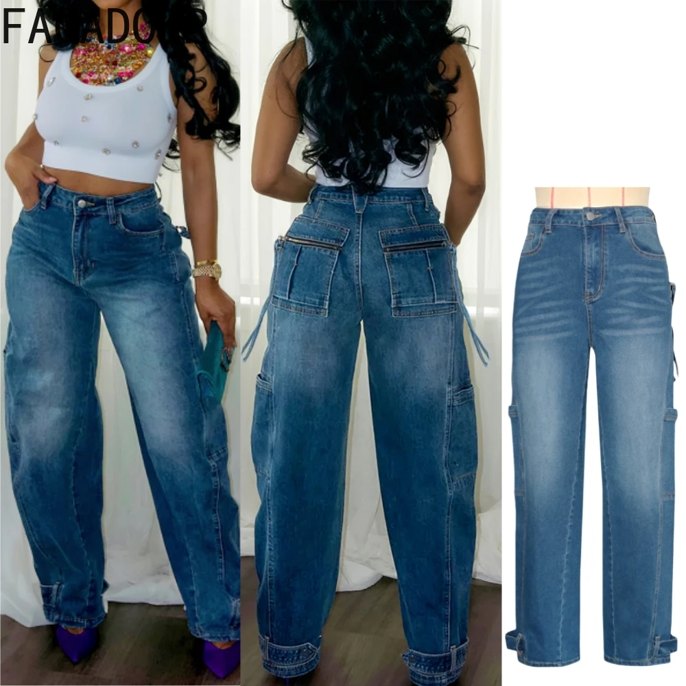 

FAGADOER Blue Fashion Loose Straight Jeans Pants Women High Waisted Button Pocket Wide Leg Denim Trousers Female Cowboy Bottoms