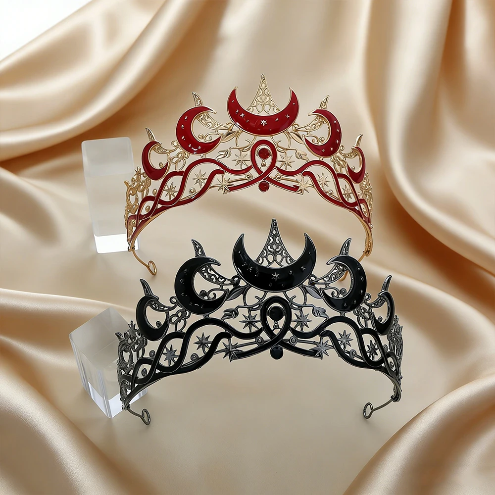 

Набор из 2 готических тиар с луной и звездами, красная и черная эмаль, винтажные короны для ведьм, головные уборы для Хэллоуина, косплея, выпускных вечеров, темный стиль