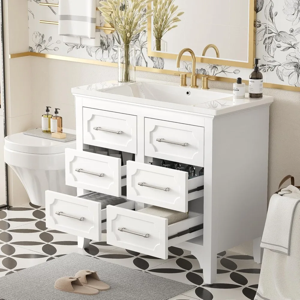 36 Inch Bathroom Vanity Sink Combo, White Bathroom Cabinet 4 Full-Extension Drawers, Solid Wood Frame Bathroom Vanities