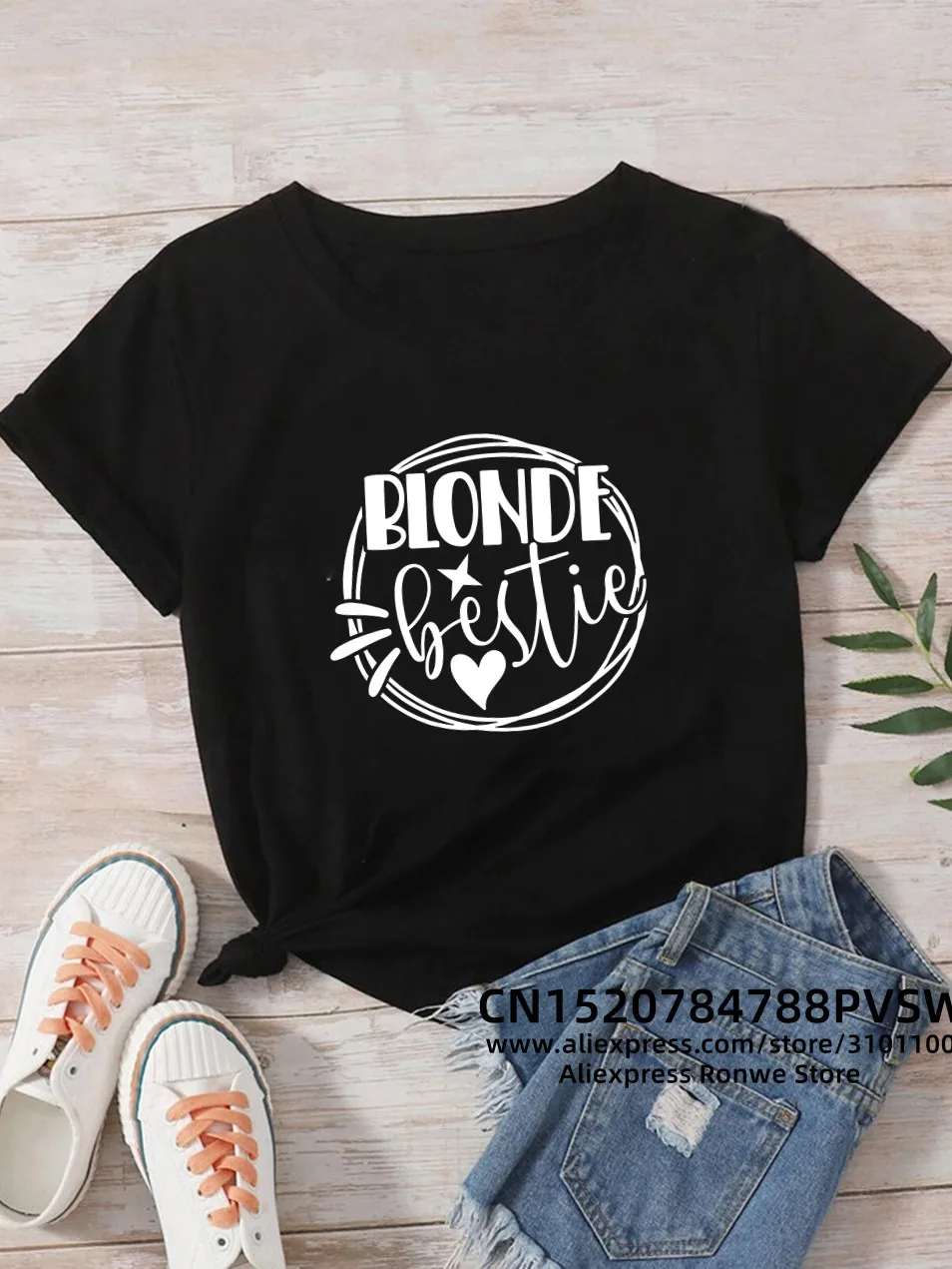 Blonde Brunette Bestie Women Cotton T-Shirts Girl Best Friend Sister Group Graphic Designed Tops Tees BFF Matching Clothes