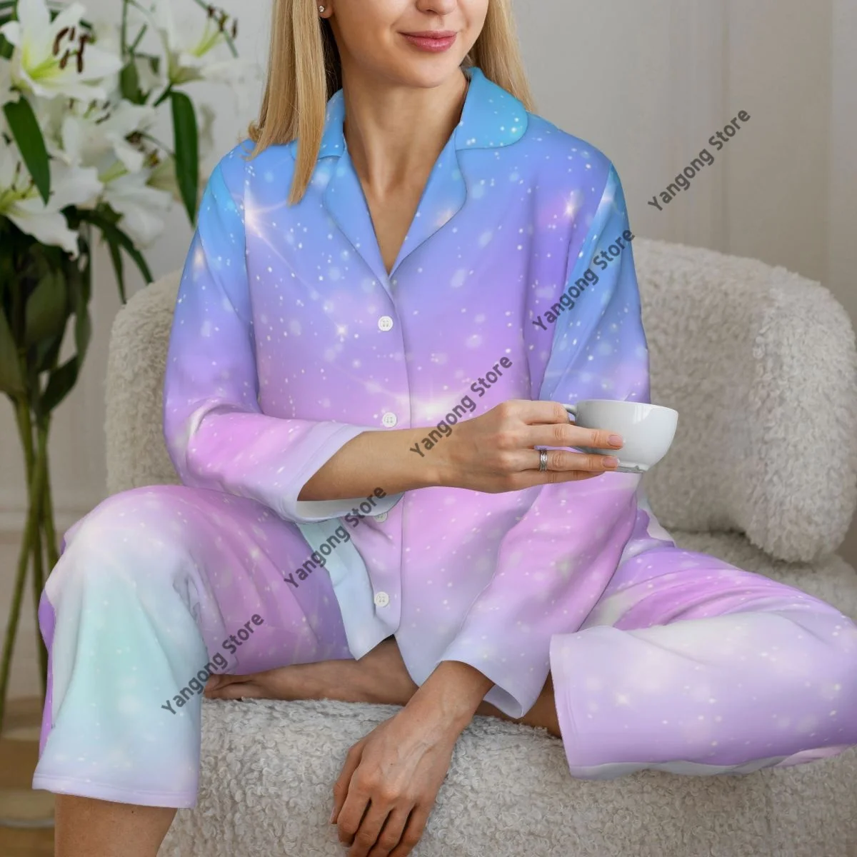 Women Sleepwear Loungewear Unicorn In Pastel Sky With Rainbow Long Sleeve Lapel Neck Shirt and Elastic Waist Pants Pajamas Set