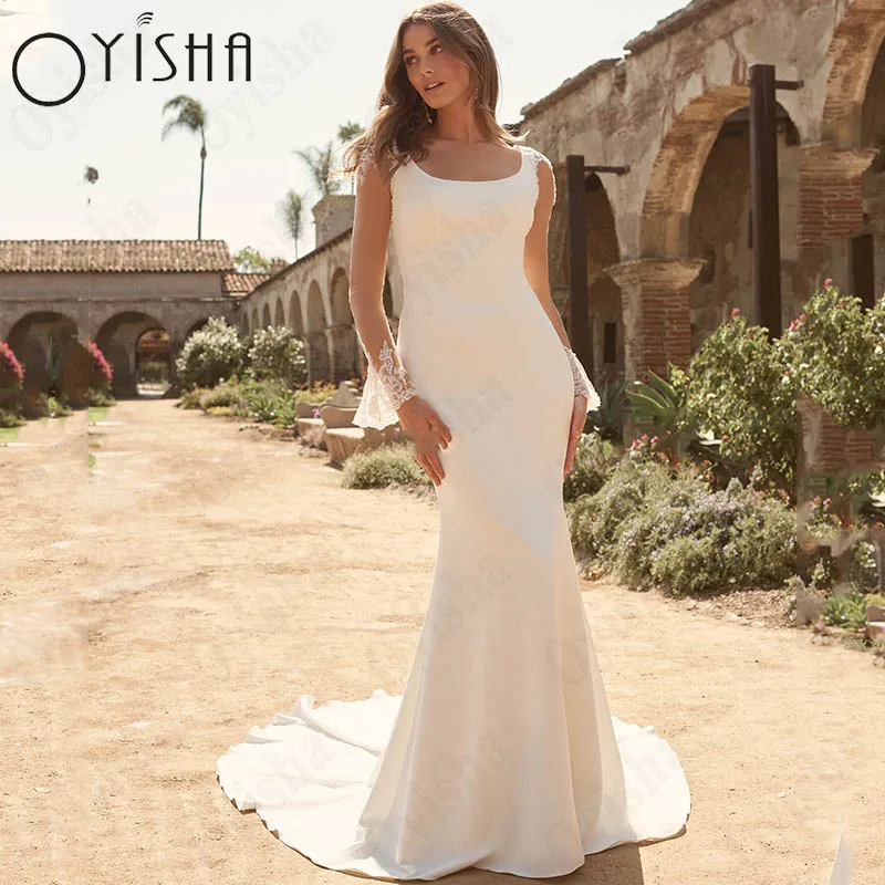 Oyisha Classic Square Neck Vestidos De Casamento Para As Mulheres Ilusão Voltar Botões Bridal Party Flare Mangas Apliques Vestido De Novia Vestidos de noiva clássicos com decote quadrado para mulheres Ilusão Costas Bot