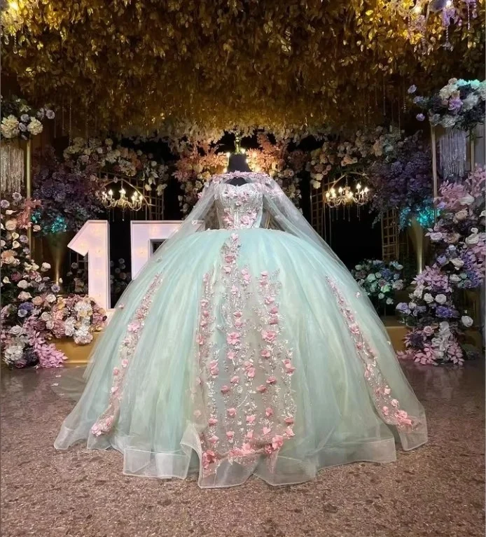 

Customized Princess Quinceanera Dresses Fairy Off Shoulder 3D Floral Applique Bone Trimmed Strap Shawl Prom Vestidos Mexicanos