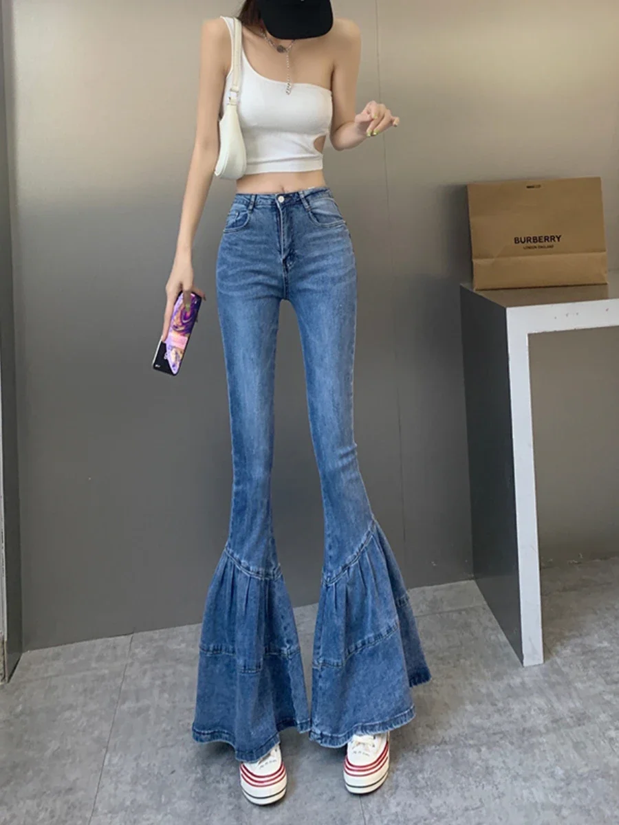 Fashion Big Flare Jeans Women Trousers Spring Autumn 2022 New High Waist Stretch Elastic Slim Fit Bell-Bottom Pants High Street