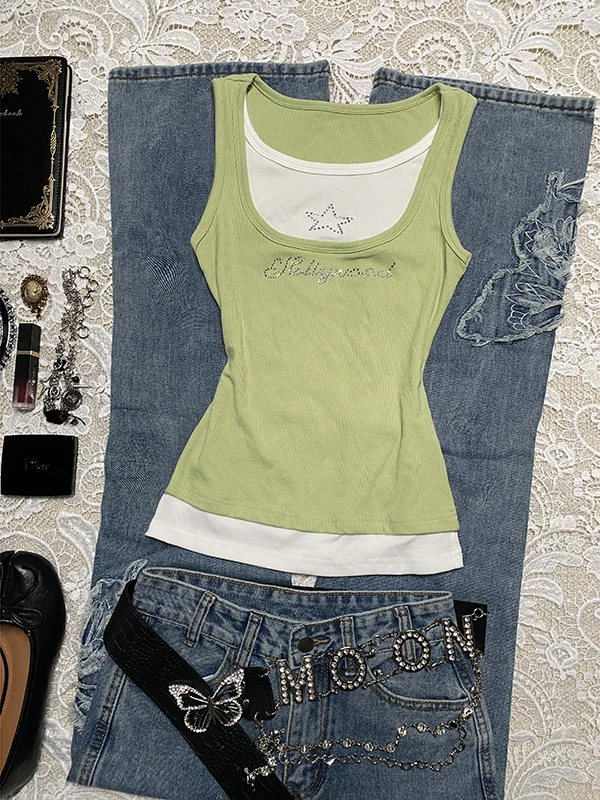 

Original een Vintage Retro Small Strap Vest Women's Summer Faion Top Cotton Blend Straight Cut Commute Sle BYSN-25030326W