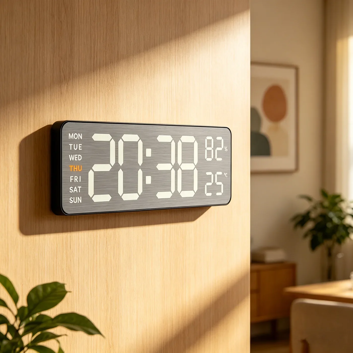 Large Digital Wall Clock with Dimmable Display - Calendar Alarm Clock with Temperature, Humidity & Week Date for Home & Office