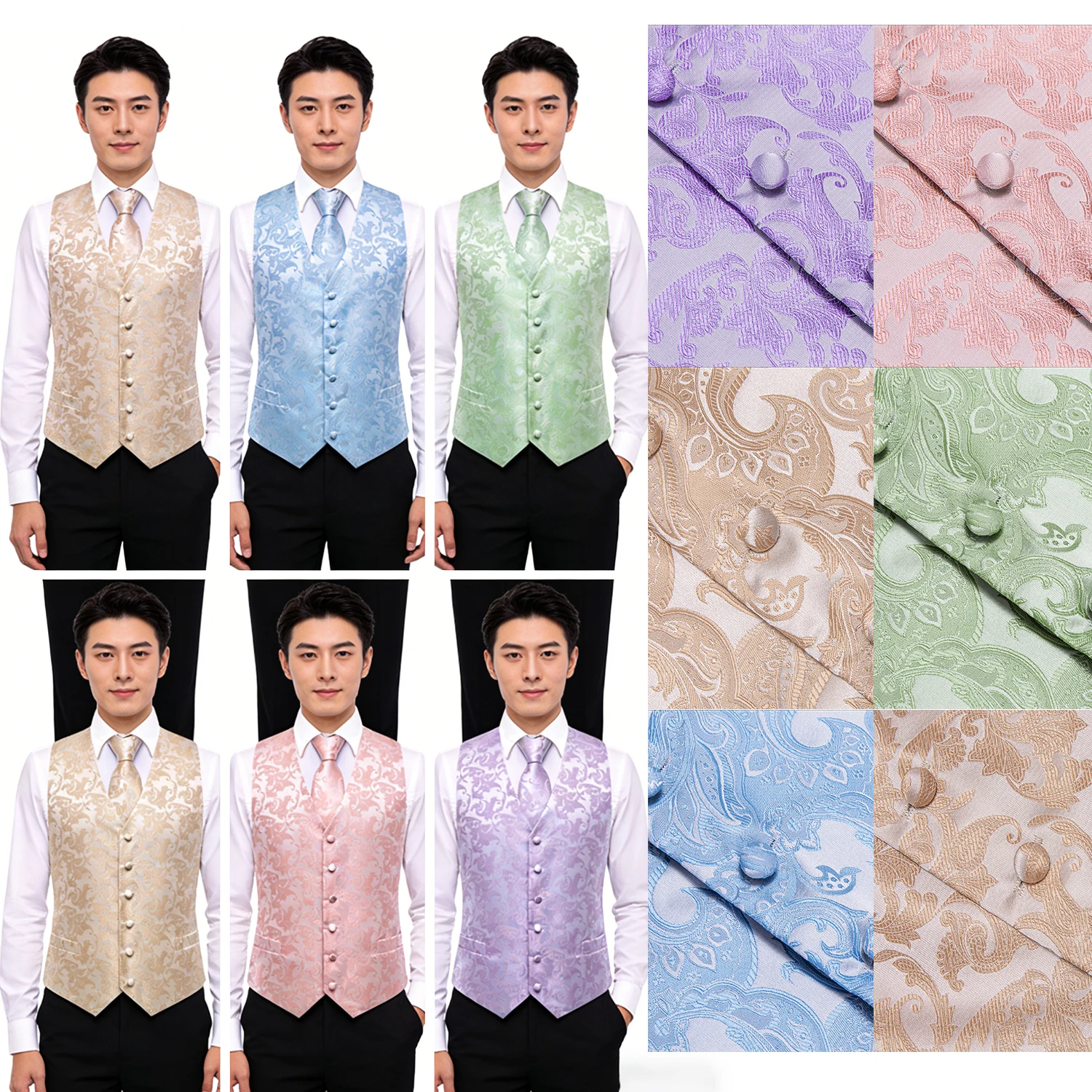 

Men's Pastel Paisley Jacquard Vest & Matching Tie Set – 6 Soft Color Options for Weddings, Proms and Formal Events