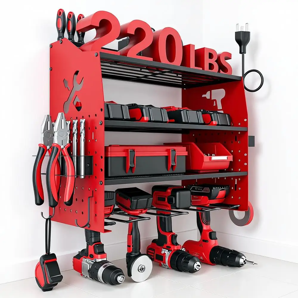 

Power Tool Organizer Wall Mount with Charging Station, 5-Layer 220 LBS Heavy Duty Metal Garage Tool Organizer Storage