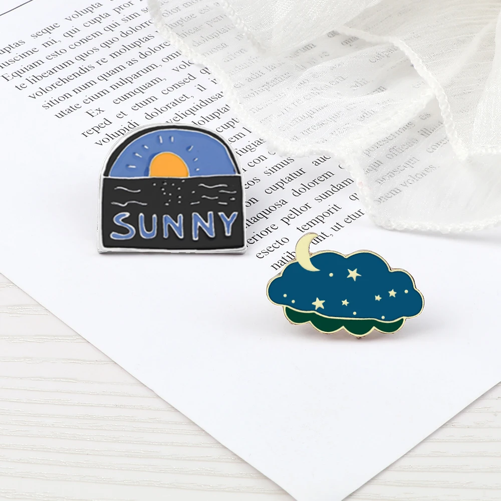 Weather Icon Pins Sea Sunrise Moon Star Night Brooches Smile Sun Lightning Cloud Enamel Pin Clothes Badges Jewelry Gift for Kids