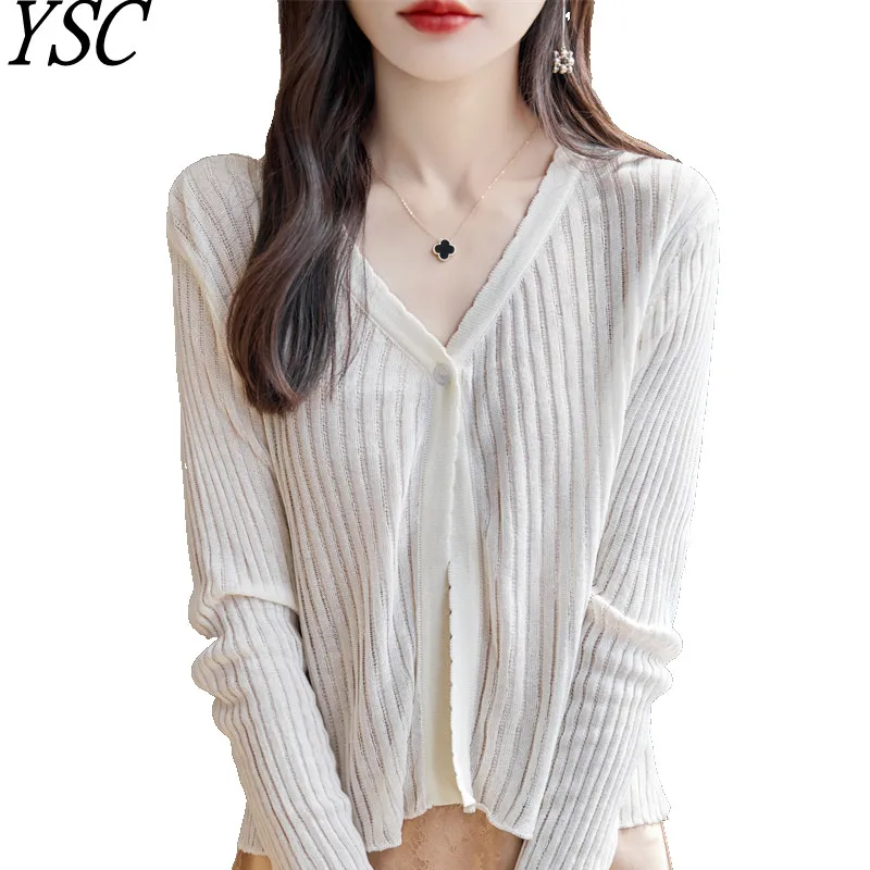 

YSC 2024 Summer Women’s knitting Ice hemp Cardigan V collar Long sleeved Loose high-quality, breathable Sunscreen cardigan