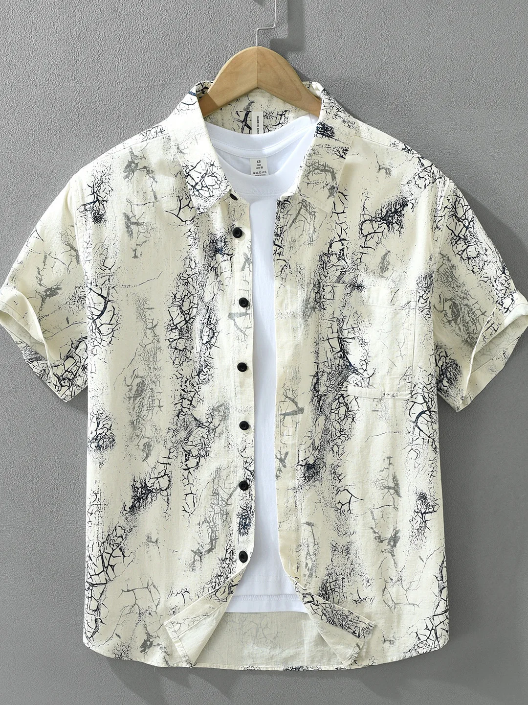 

Trendy Print Short Sleeve Cotton Shirt Men's Summer New Style Loose Casual Shirt Handsome Turn-down Collar Street Style